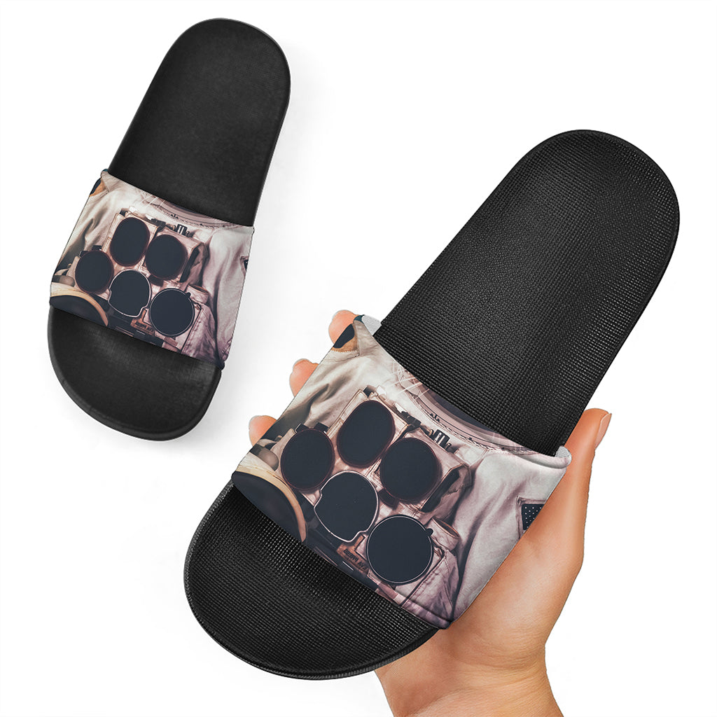 American Astronaut Cat Print Black Slide Sandals