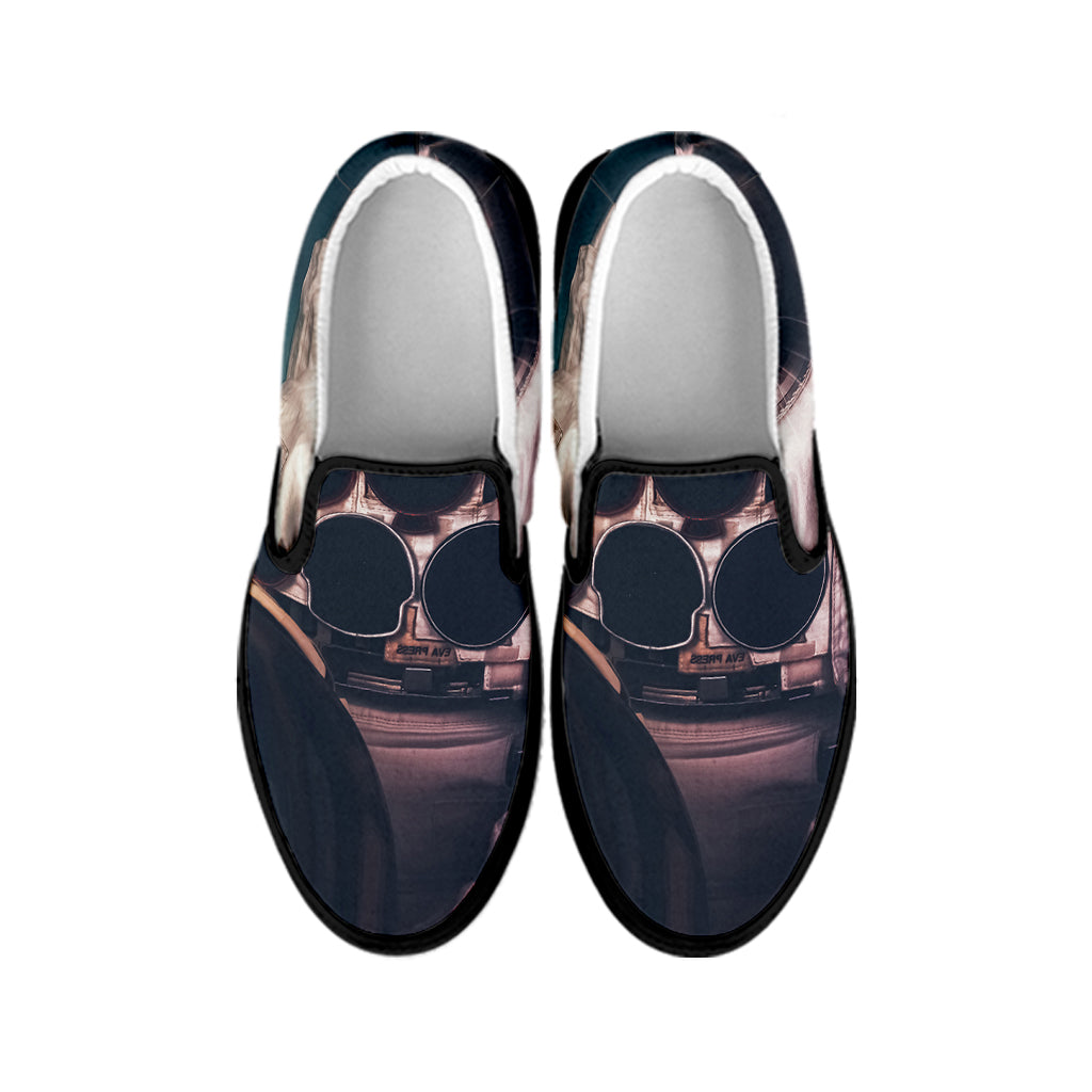 American Astronaut Cat Print Black Slip On Shoes