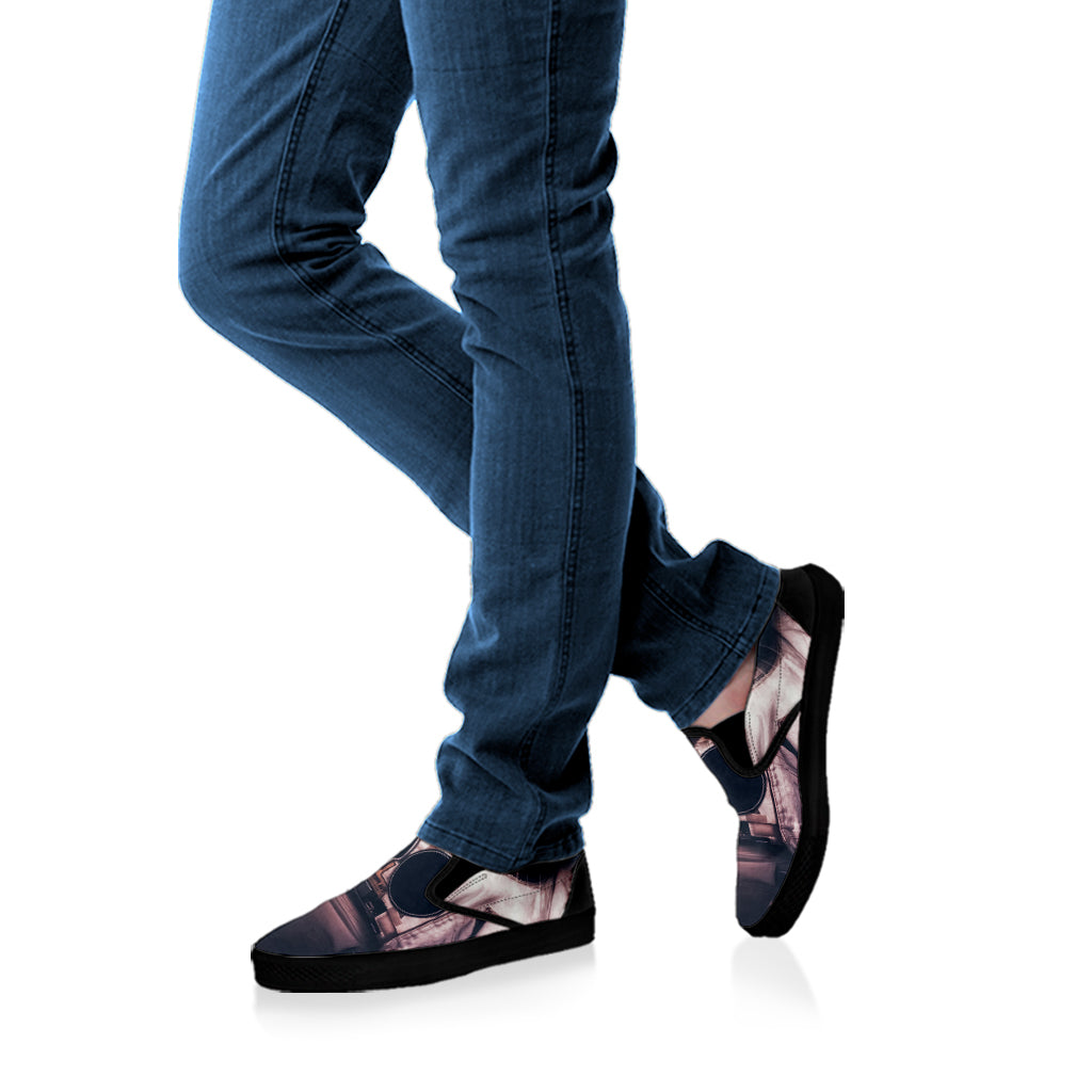 American Astronaut Cat Print Black Slip On Shoes