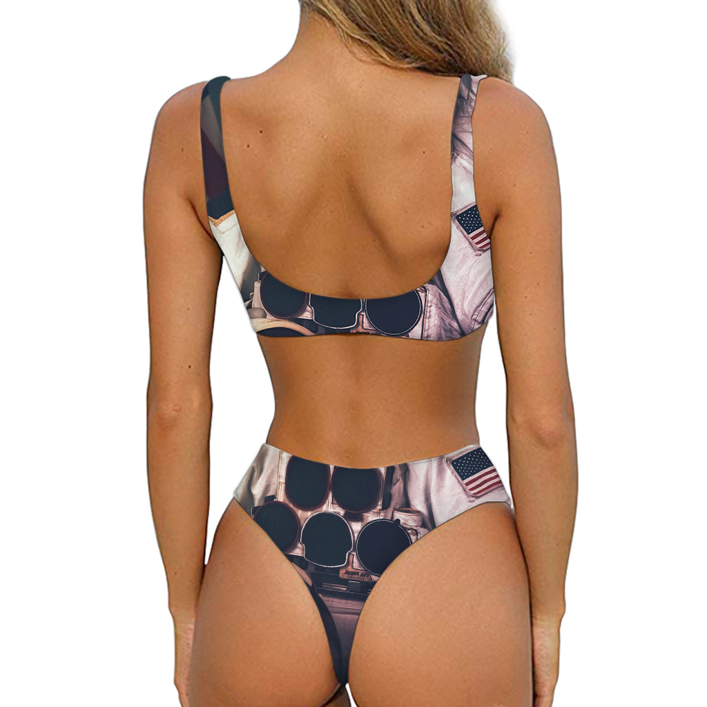 American Astronaut Cat Print Front Bow Tie Bikini