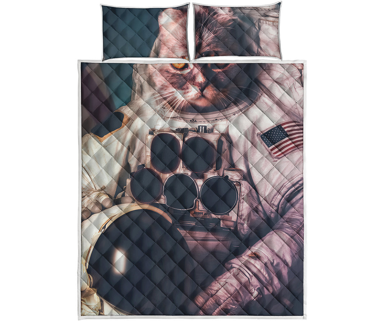 American Astronaut Cat Print Quilt Bed Set