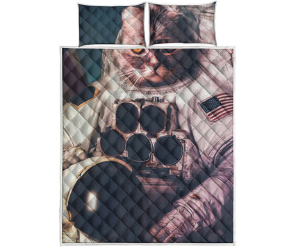 American Astronaut Cat Print Quilt Bed Set