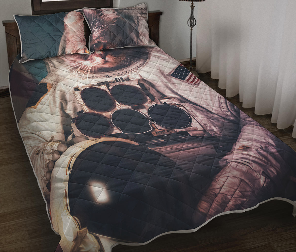 American Astronaut Cat Print Quilt Bed Set