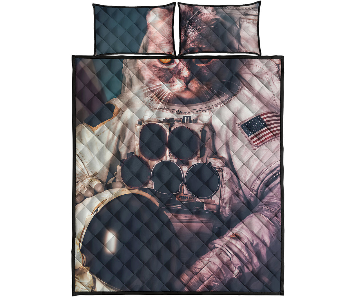 American Astronaut Cat Print Quilt Bed Set