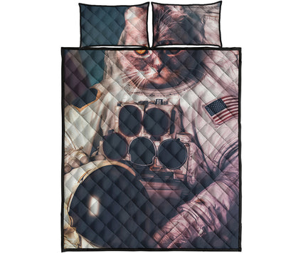 American Astronaut Cat Print Quilt Bed Set