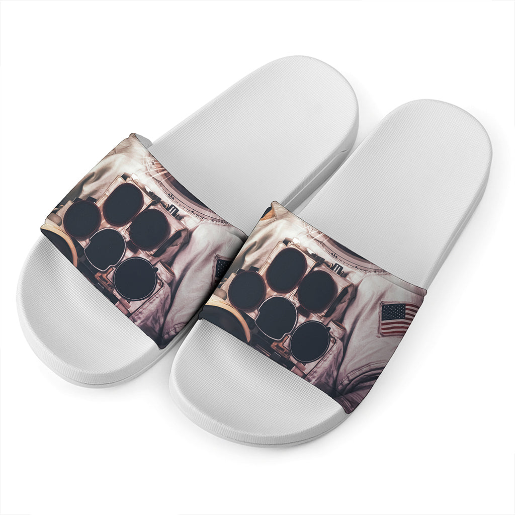 American Astronaut Cat Print White Slide Sandals