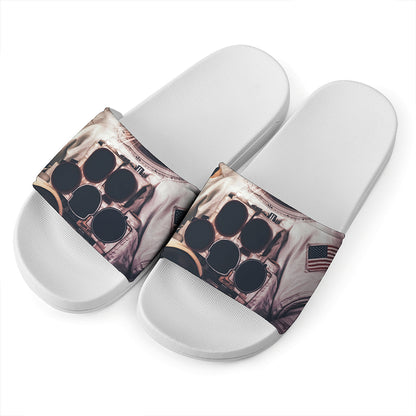 American Astronaut Cat Print White Slide Sandals