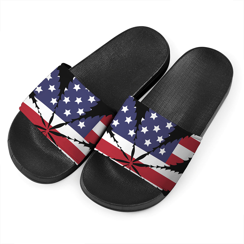American Cannabis Leaf Flag Print Black Slide Sandals