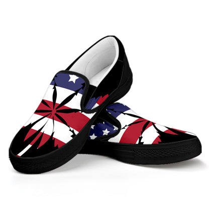 American Cannabis Leaf Flag Print Black Slip On Shoes