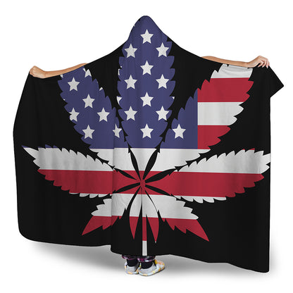 American Cannabis Leaf Flag Print Hooded Blanket
