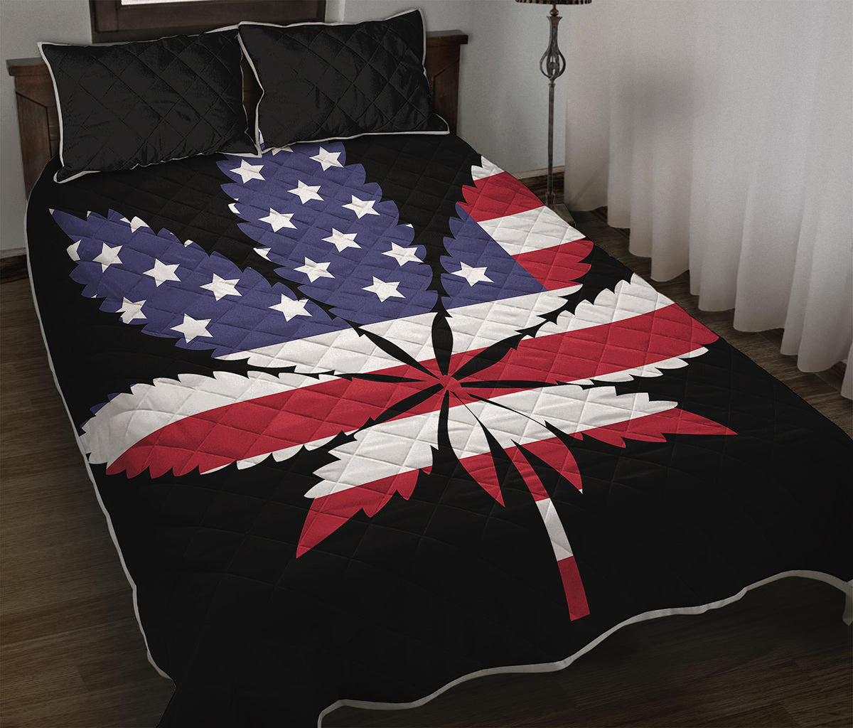 American Cannabis Leaf Flag Print Quilt Bed Set