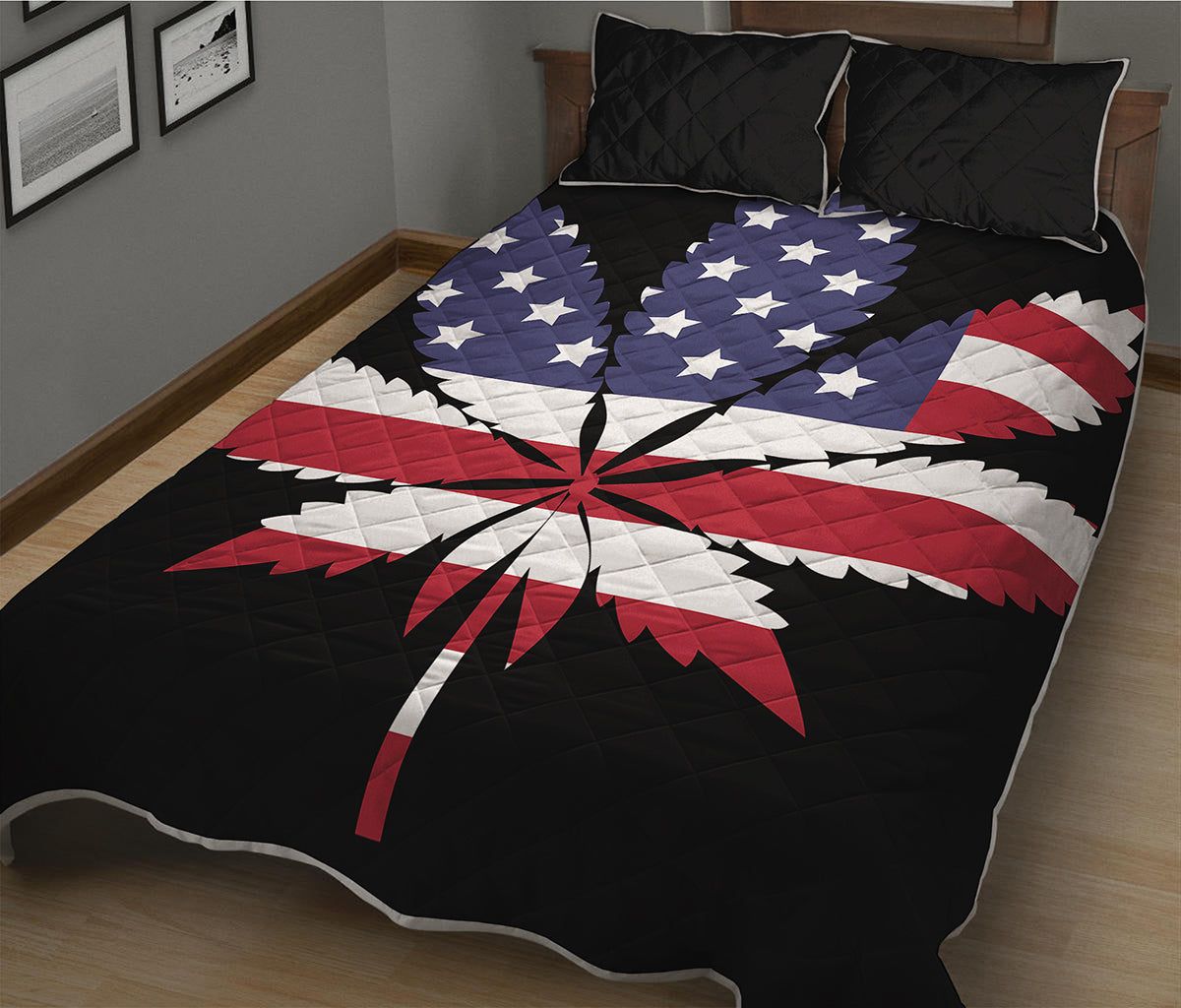 American Cannabis Leaf Flag Print Quilt Bed Set