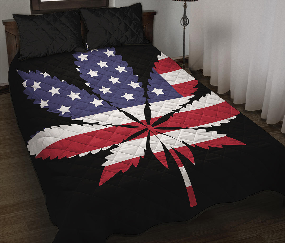American Cannabis Leaf Flag Print Quilt Bed Set