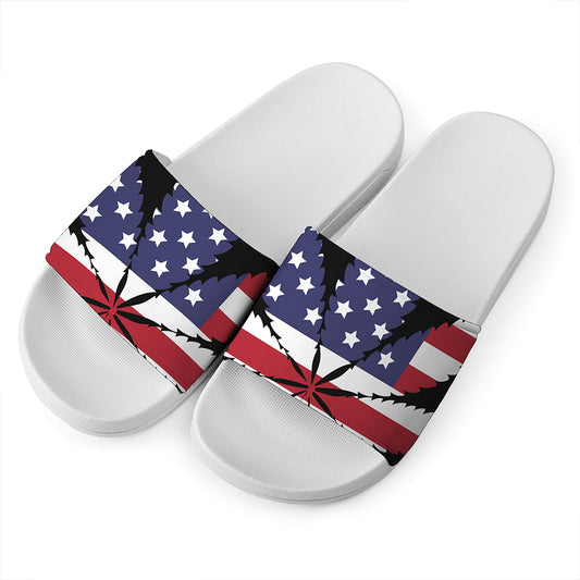 American Cannabis Leaf Flag Print White Slide Sandals
