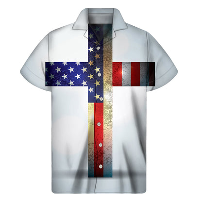 American Christian Cross Flag Print Men's Short Sleeve Shirt