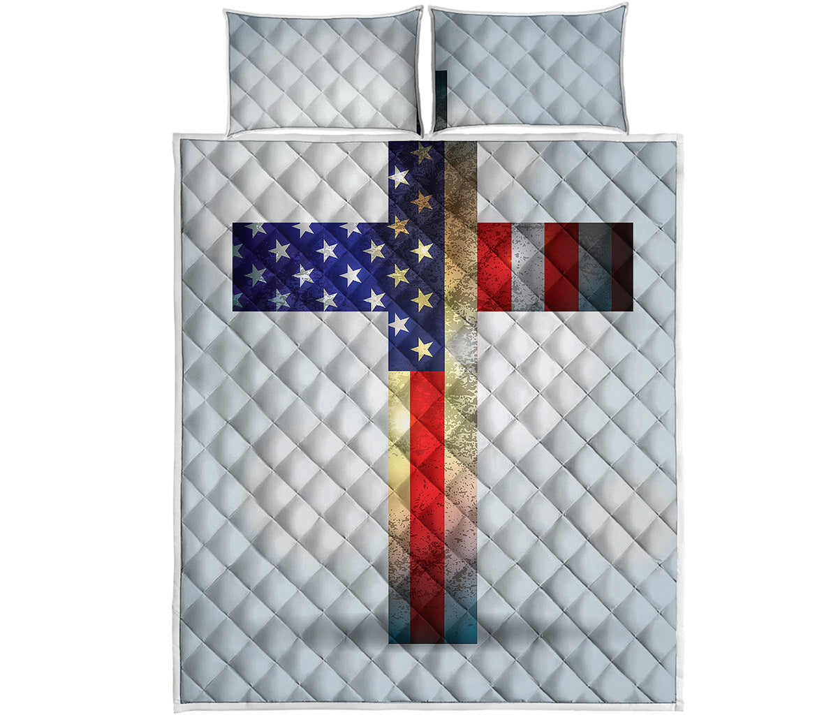 American Christian Cross Flag Print Quilt Bed Set