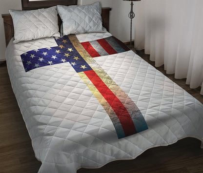 American Christian Cross Flag Print Quilt Bed Set