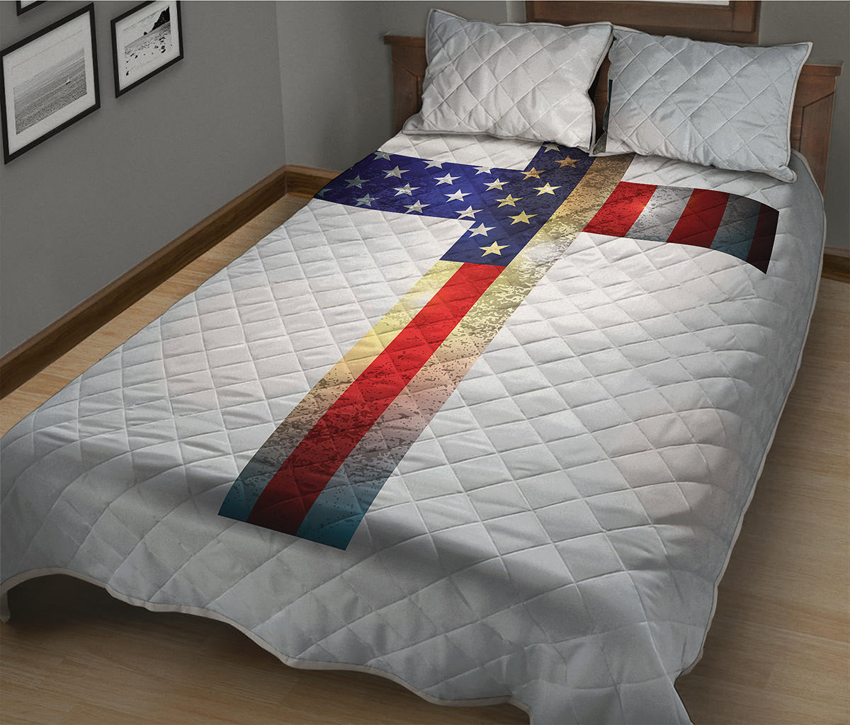 American Christian Cross Flag Print Quilt Bed Set