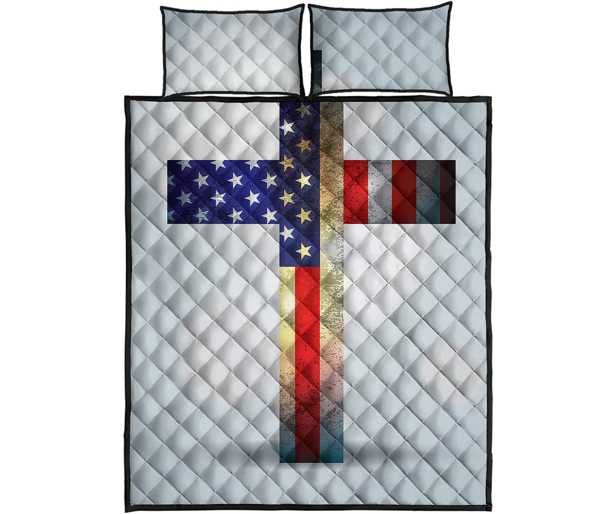 American Christian Cross Flag Print Quilt Bed Set