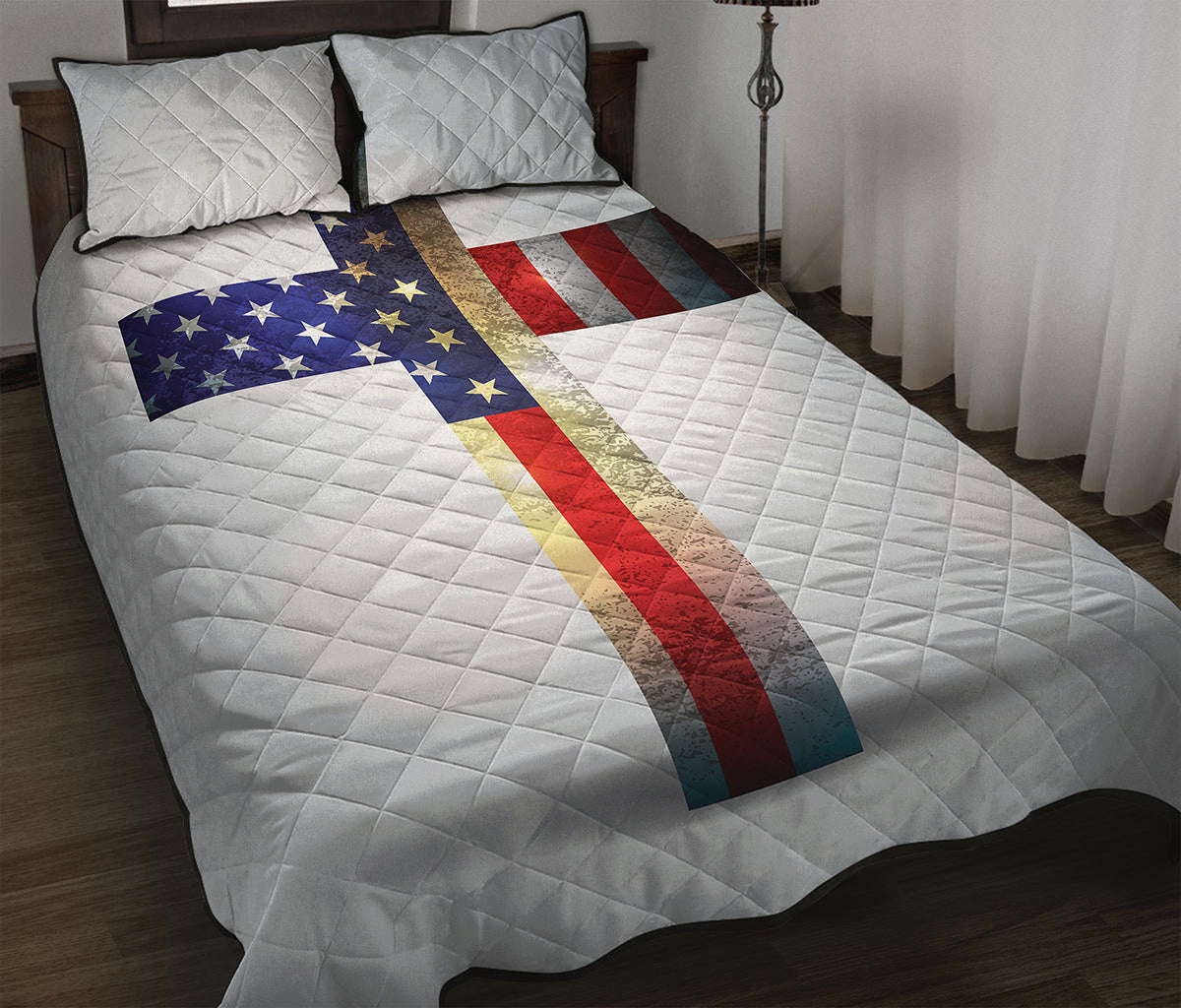 American Christian Cross Flag Print Quilt Bed Set