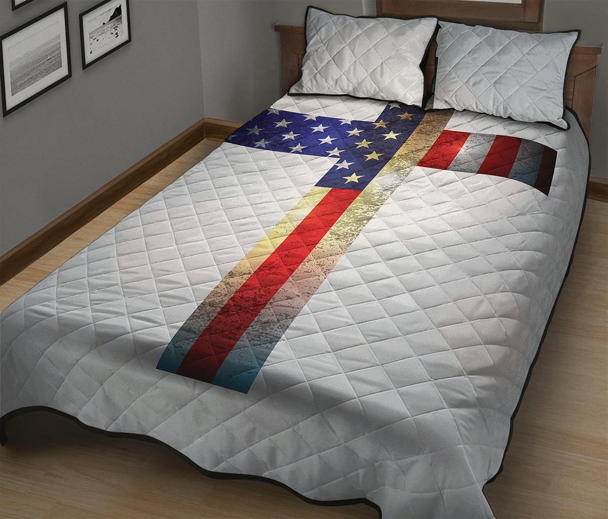 American Christian Cross Flag Print Quilt Bed Set