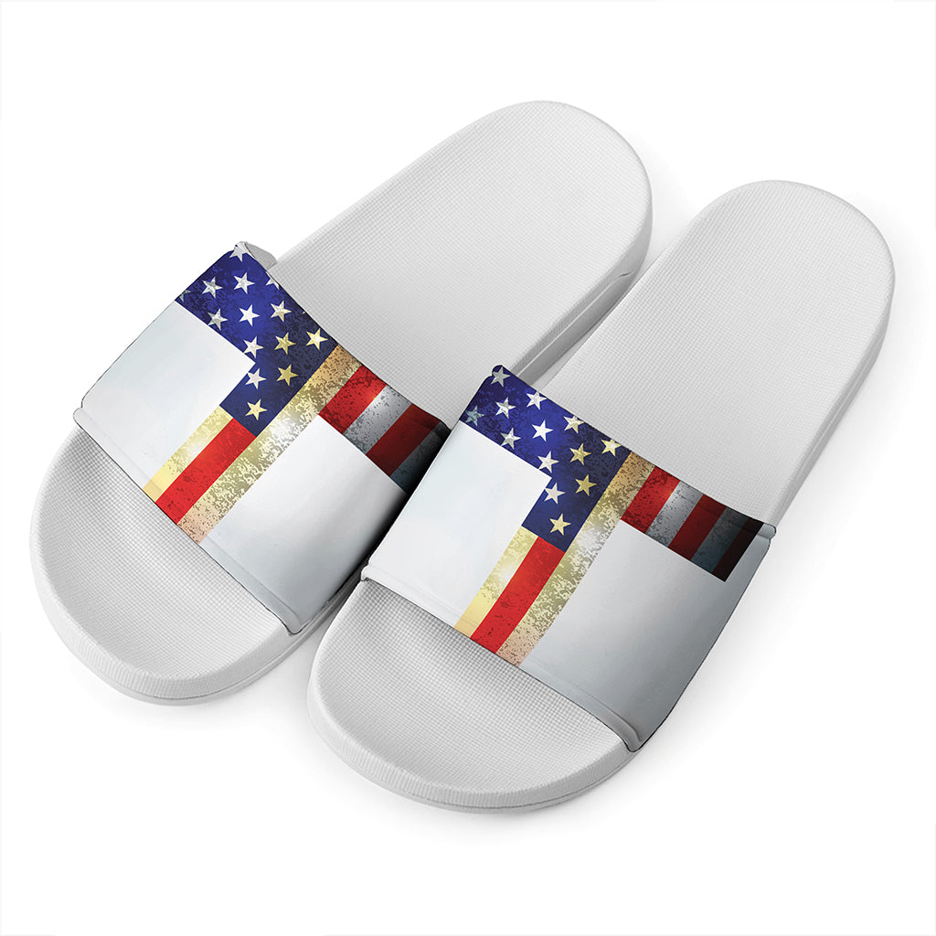 American Christian Cross Flag Print White Slide Sandals