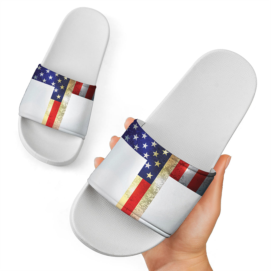 American Christian Cross Flag Print White Slide Sandals