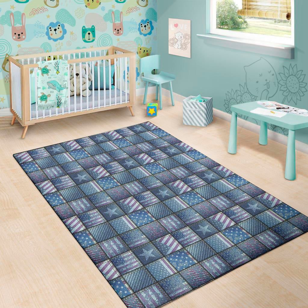 American Denim Patchwork Pattern Print Area Rug