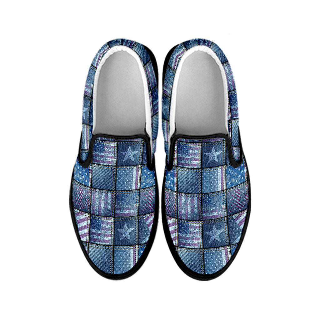 American Denim Patchwork Pattern Print Black Slip On Shoes