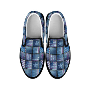 American Denim Patchwork Pattern Print Black Slip On Shoes