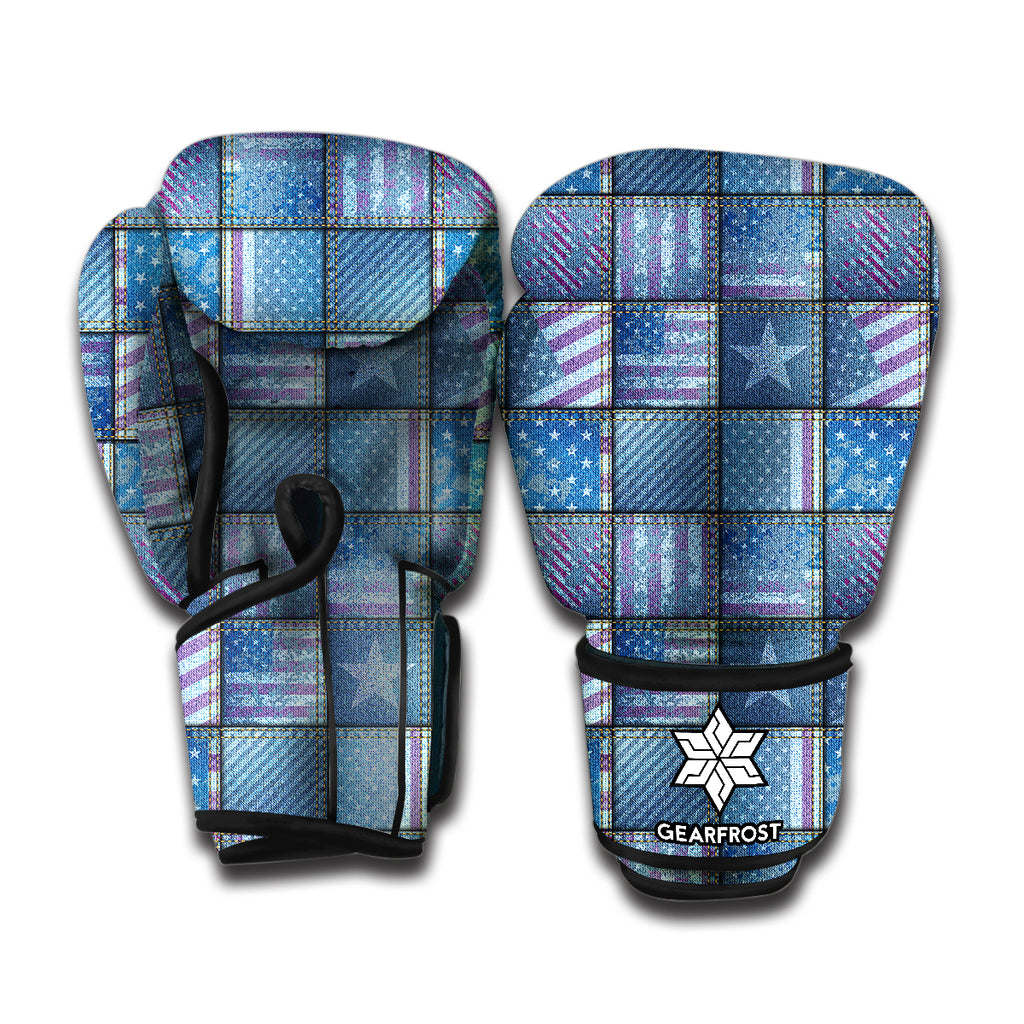 American Denim Patchwork Pattern Print Boxing Gloves