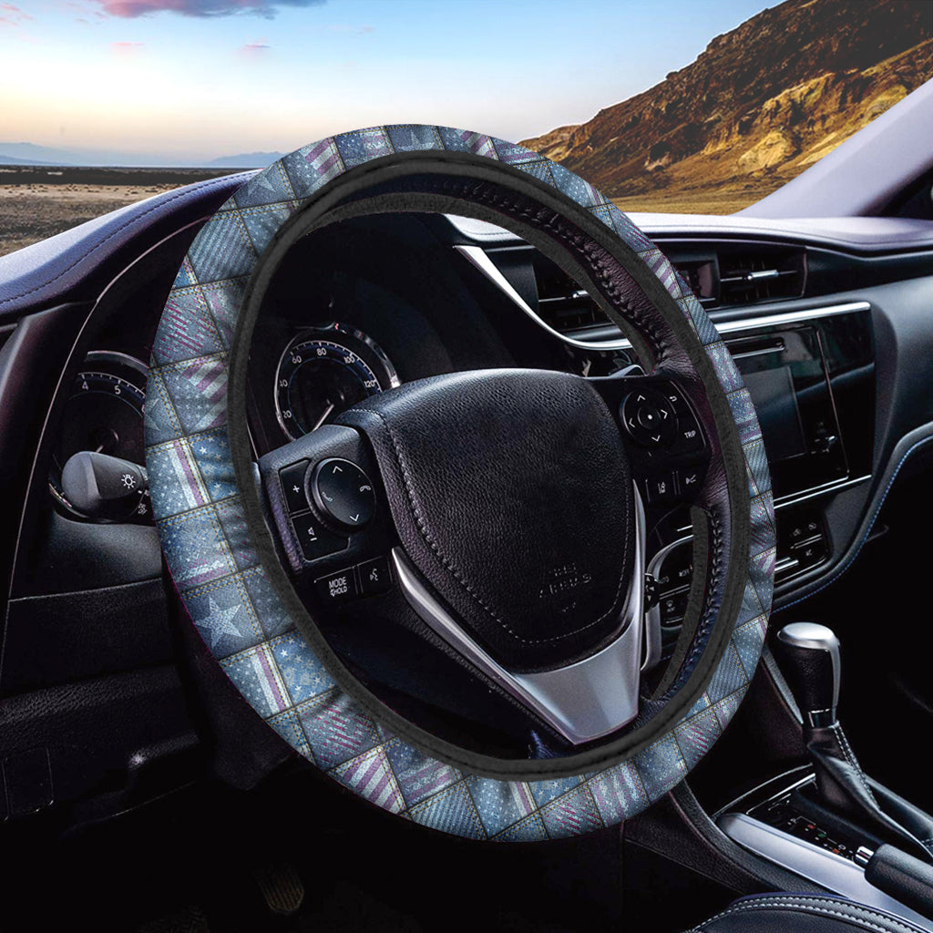 American Denim Patchwork Pattern Print Car Steering Wheel Cover