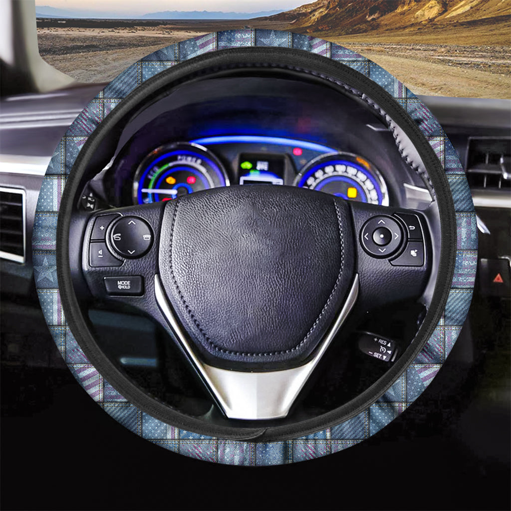 American Denim Patchwork Pattern Print Car Steering Wheel Cover