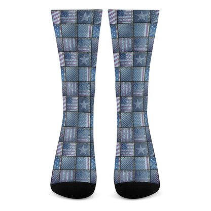 American Denim Patchwork Pattern Print Crew Socks