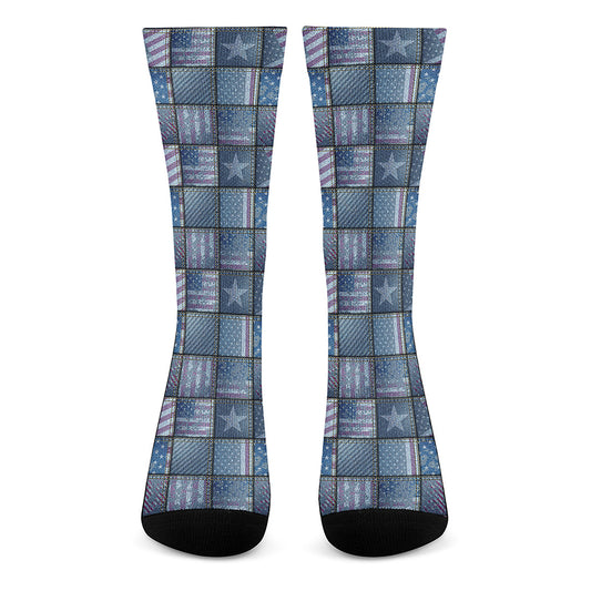 American Denim Patchwork Pattern Print Crew Socks