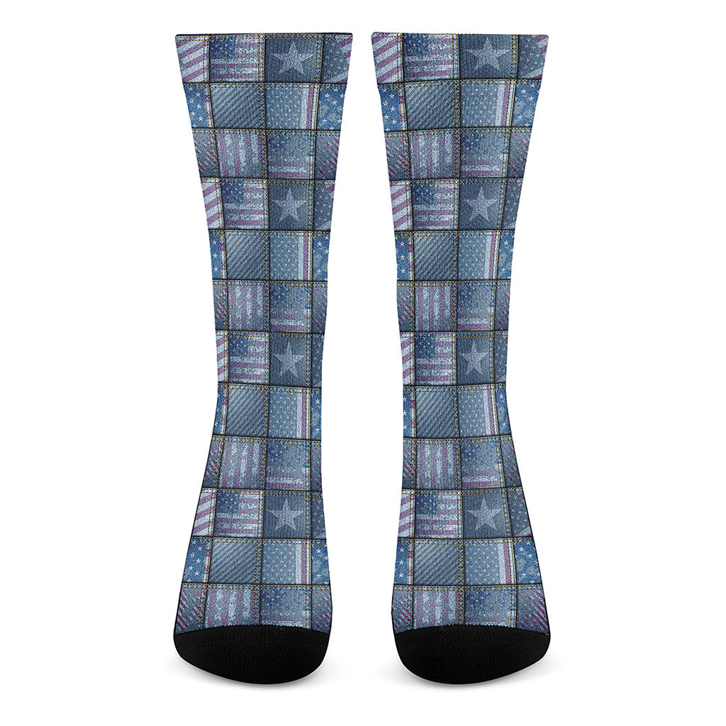 American Denim Patchwork Pattern Print Crew Socks