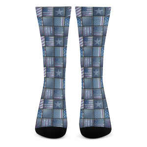 American Denim Patchwork Pattern Print Crew Socks