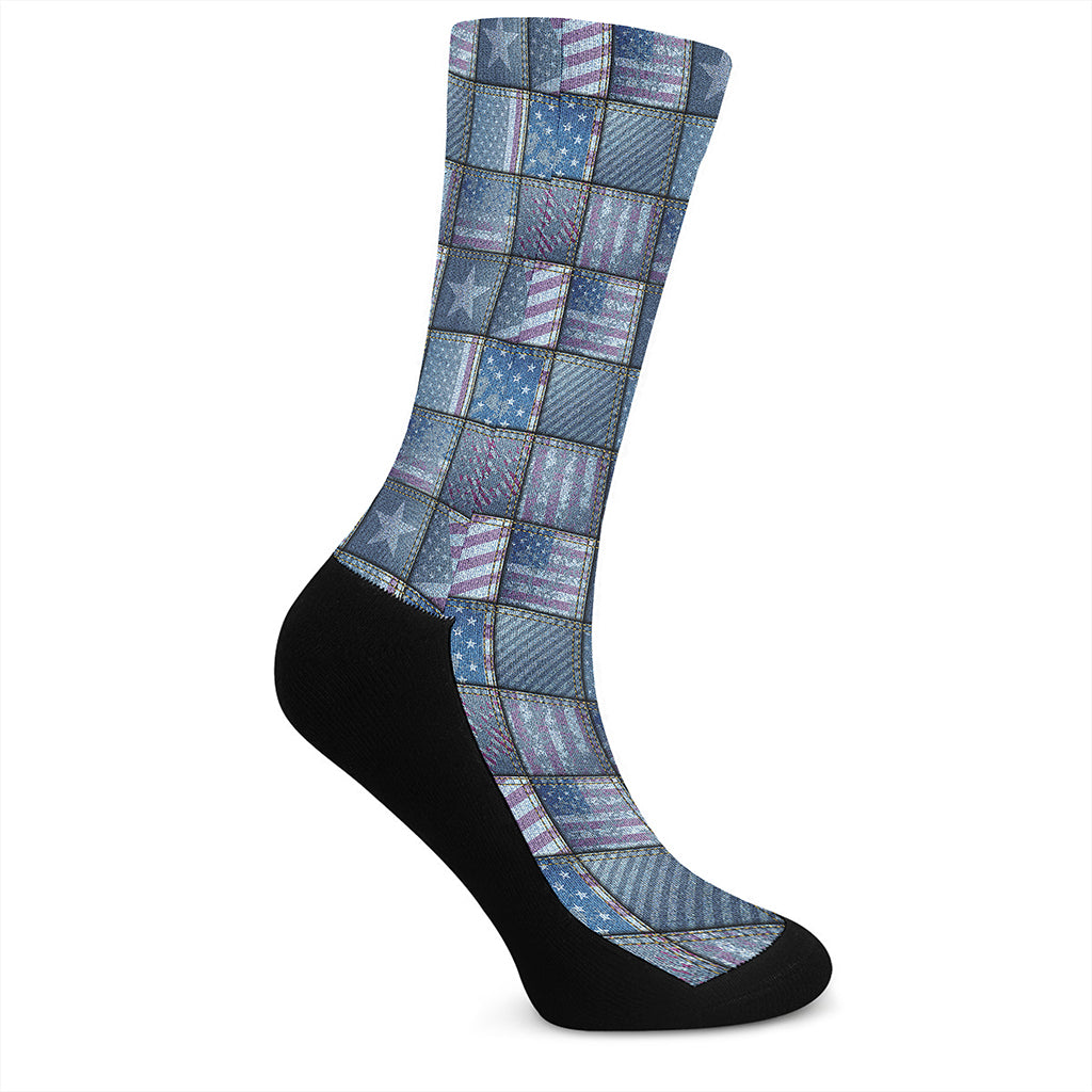 American Denim Patchwork Pattern Print Crew Socks