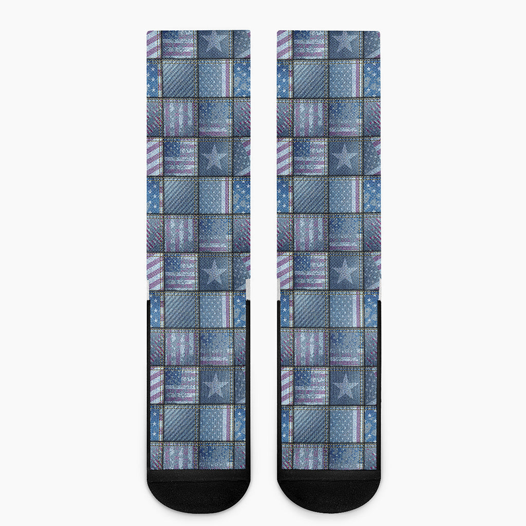 American Denim Patchwork Pattern Print Crew Socks