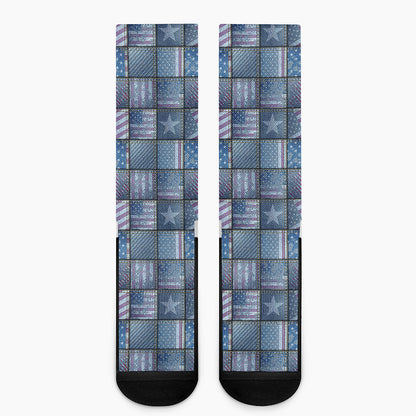 American Denim Patchwork Pattern Print Crew Socks