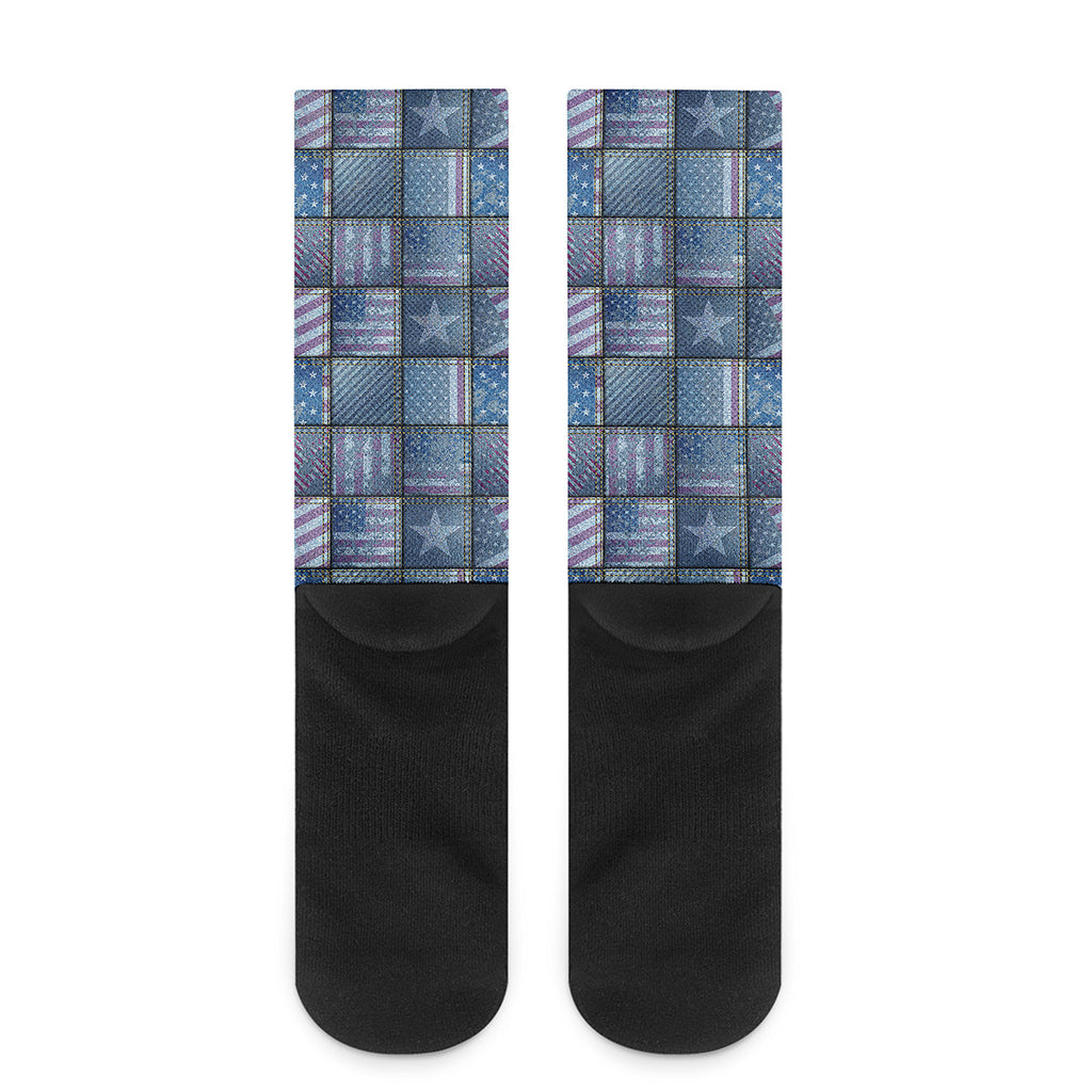 American Denim Patchwork Pattern Print Crew Socks