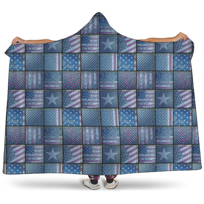 American Denim Patchwork Pattern Print Hooded Blanket