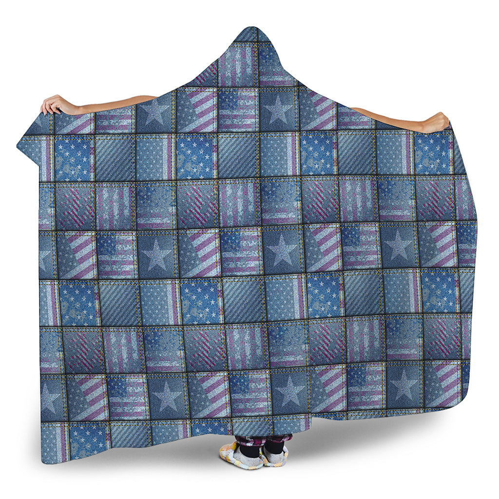 American Denim Patchwork Pattern Print Hooded Blanket