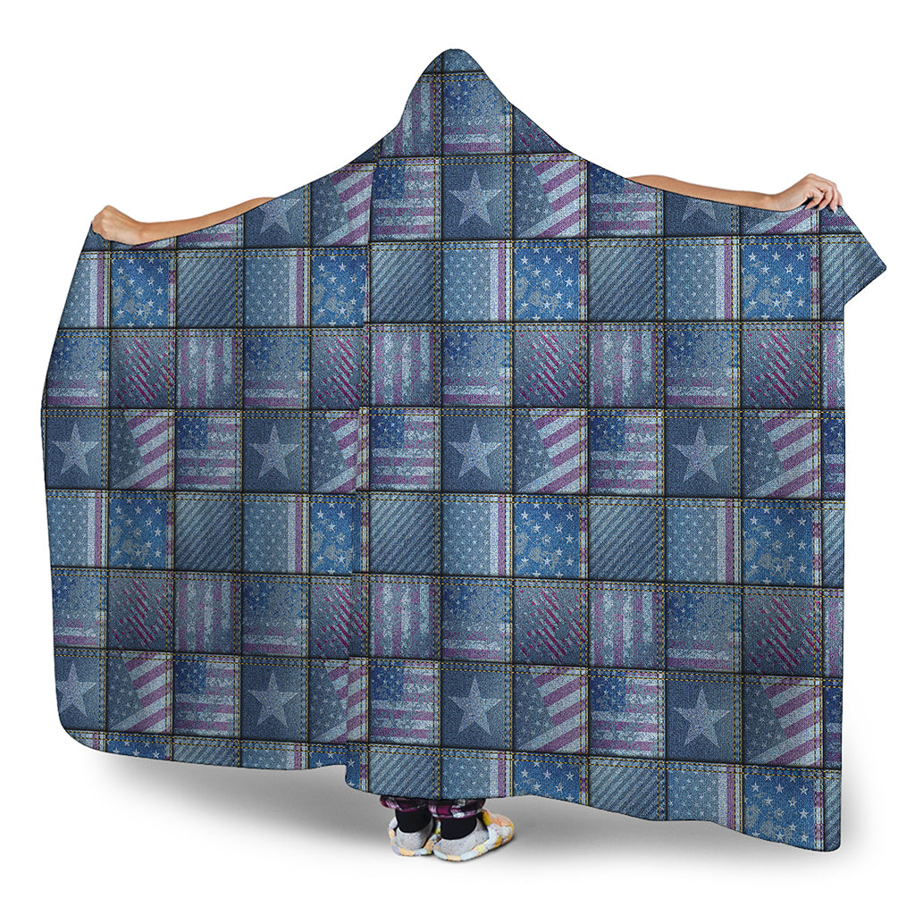 American Denim Patchwork Pattern Print Hooded Blanket