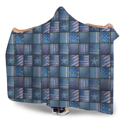 American Denim Patchwork Pattern Print Hooded Blanket