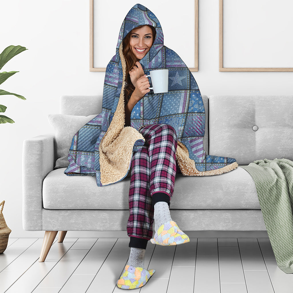 American Denim Patchwork Pattern Print Hooded Blanket