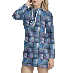 American Denim Patchwork Pattern Print Hoodie Dress