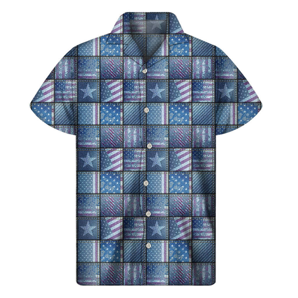 American Denim Patchwork Pattern Print Men's Short Sleeve Shirt