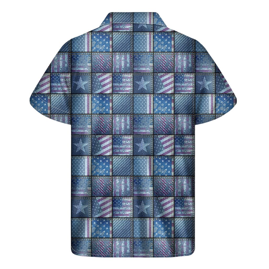 American Denim Patchwork Pattern Print Men's Short Sleeve Shirt