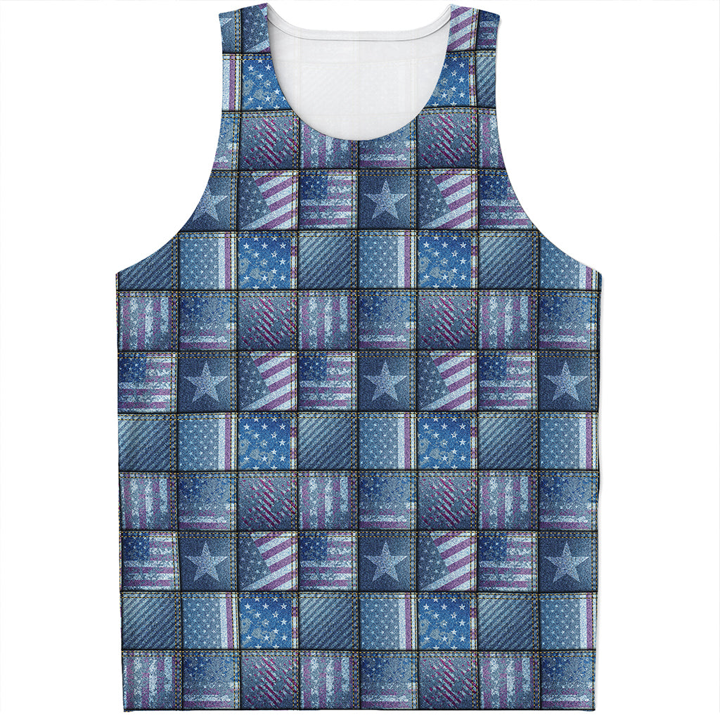 American Denim Patchwork Pattern Print Men's Tank Top